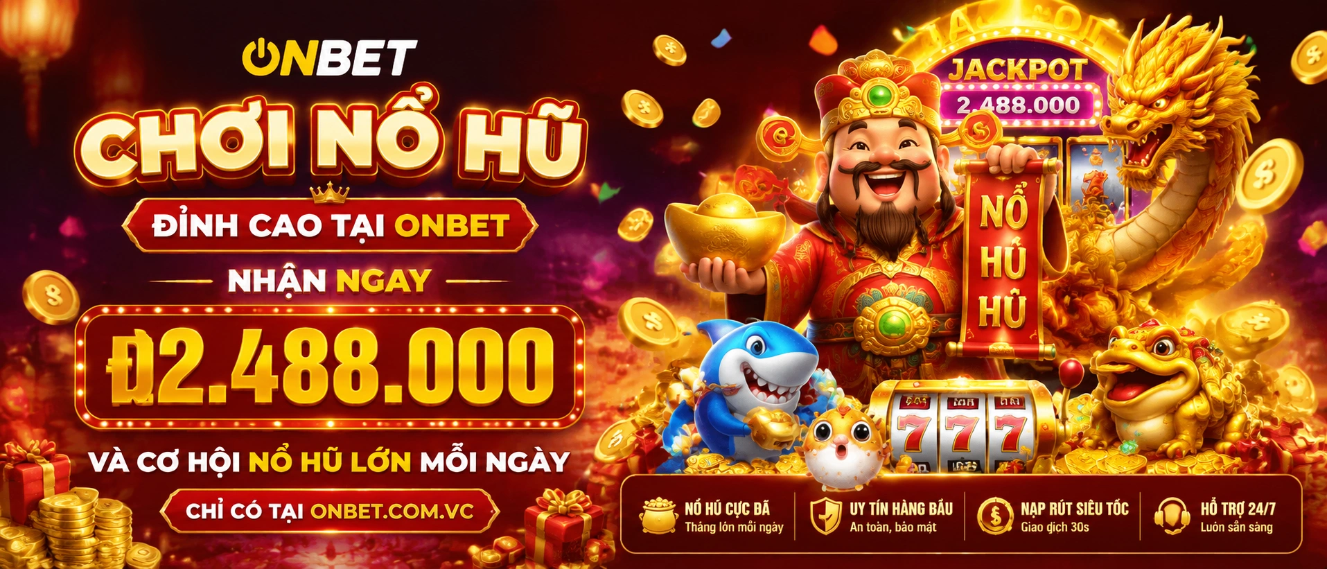 Khu ONBET Nổ Hũ nổi bật với giao diện danh mục và nút vào game rõ ràng